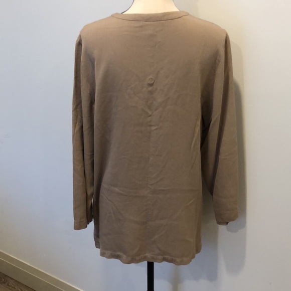Ann Carson Ladies Silk Blouse Tan Colour 3/4 Sleeve Button Up Shirt Sz L - Picture 5 of 9